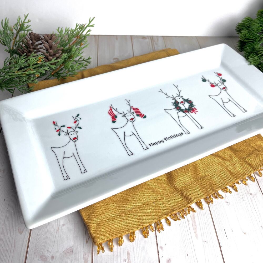 Vintage Dansk Rudy Happy Holidays Ceramic Sandwich Platter Tray Reindeer Rudolph